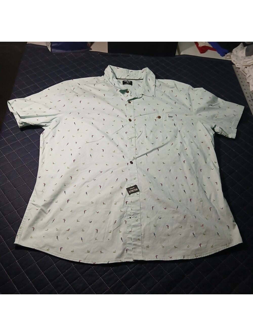 Hurley Tropical Print Button Up Shirt Mint Green XXL Short Sleeve Casual Top